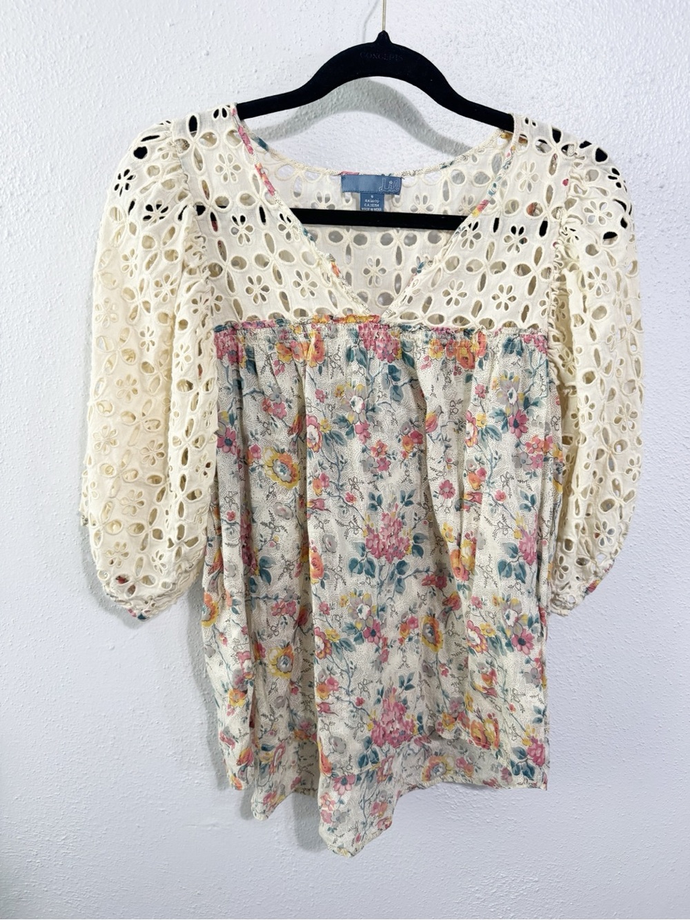 Anthropologie Cream Floral Eyelet Peasant Top small